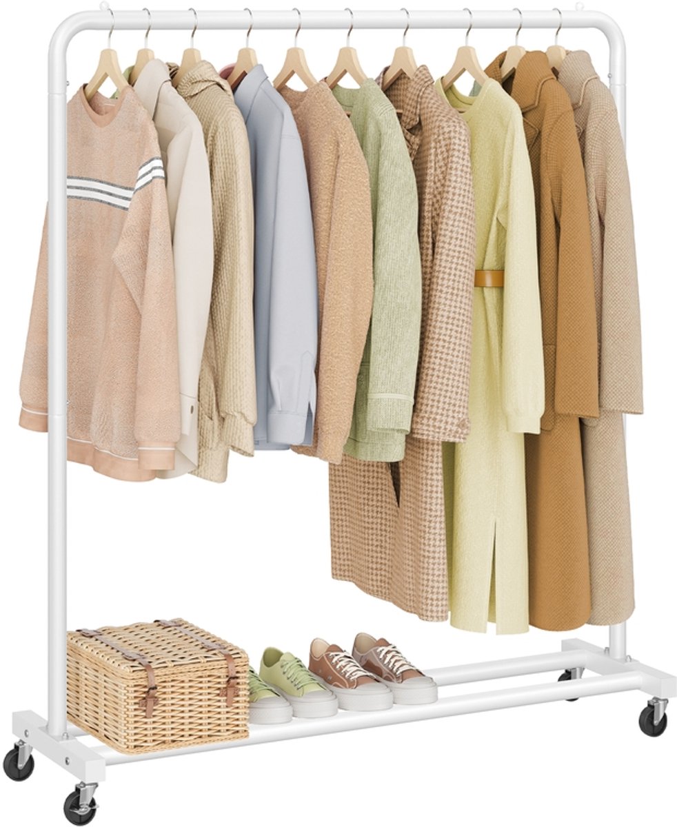 Kledingrek op wielen – Staal – Draagvermogen tot 50 kg – Mat wit – 38 x 110 x 141,5 cm