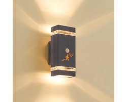CELAVY Buitenwandlamp met PIR Sensor - Up & Down Wandlamp - IP65 - Vierkant - Inclusief 2x GU10 3000K - Waterdicht - Voor Gevel, Tuin en Voordeur - Grijs