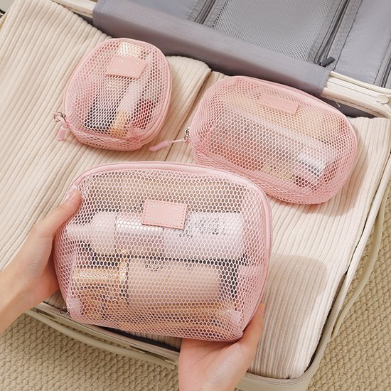 Set van 3 mesh make-up tasjes, cosmetica tasjes, kleine reistasjes, opbergtasjes, transparante draagbare toilettasjes voor dames en meisjes (roze)