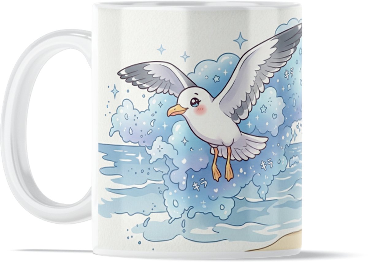 Kawaii Zeemeeuw Mok Cadeau voor haar: Vrouw Vriendin of Collega – Schattige Vogel Koffiebeker – Strand en Zee Thema Illustratie – Vuurtoren Design – Verjaardagscadeau Kantoor – Vrolijke Vakantie Thee Mok – Zomerse Kust Beker