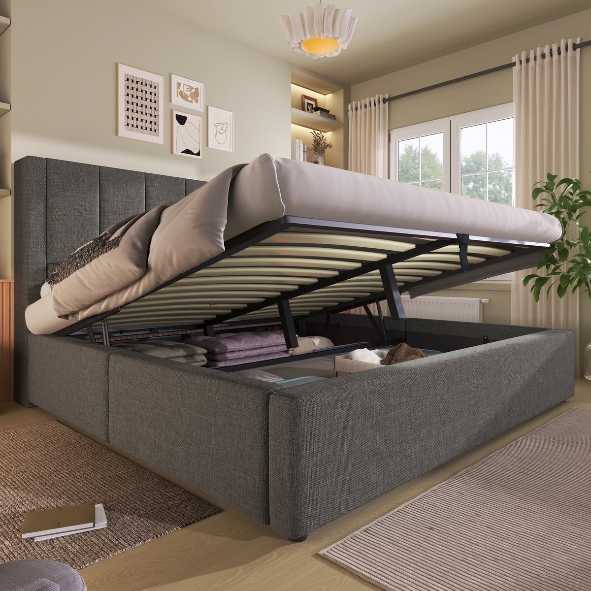 Wishdor Gestoffeerd Bed – 180 x 200 cm – Hydraulische Opbergruimte – Hoofdbord met Bekerhouders en Laadstation – Linnen Grijs – Usb en Type-C – Stabiel tot 300 kg – Smart Design voor Luxe Slaapkamer