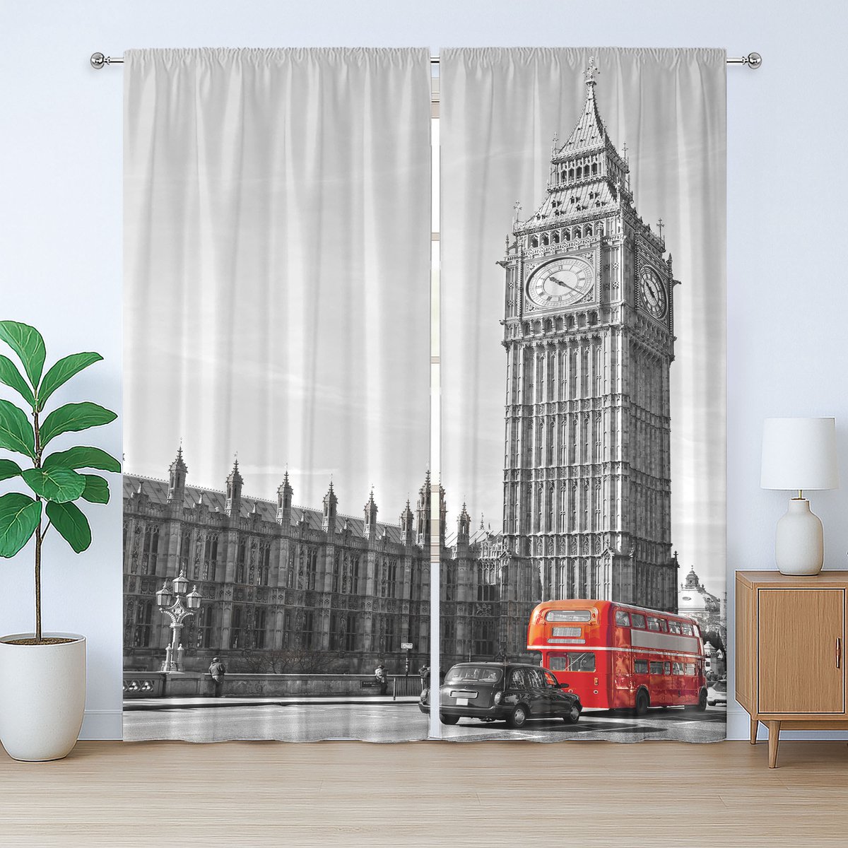 ABAKUHAUS London Rustieke gordijnen, Hauptstadt van England Touristen, Slaapkamergordijn met plooiband, lussen en haken, 2 stuks 140 cm B x 245 cm L, Licht Grijs Vermiljoen Grijs
