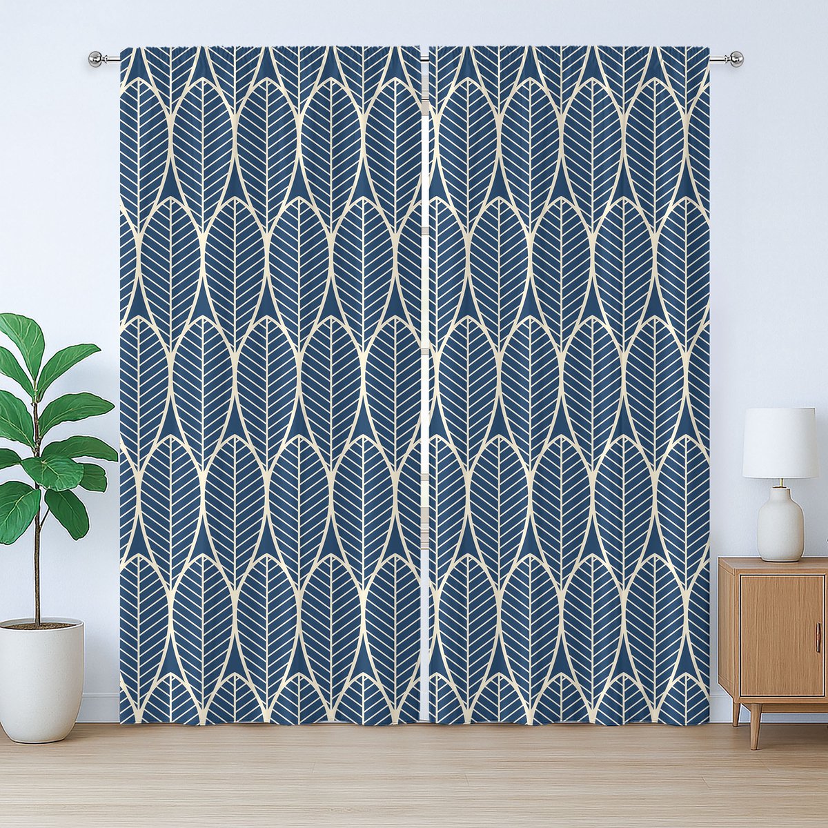 ABAKUHAUS Geometrisch rustiek gordijn, abstract bladmotief, met lussen en haken voor de woonkamer, 280 x 225 cm, donkerblauw crème