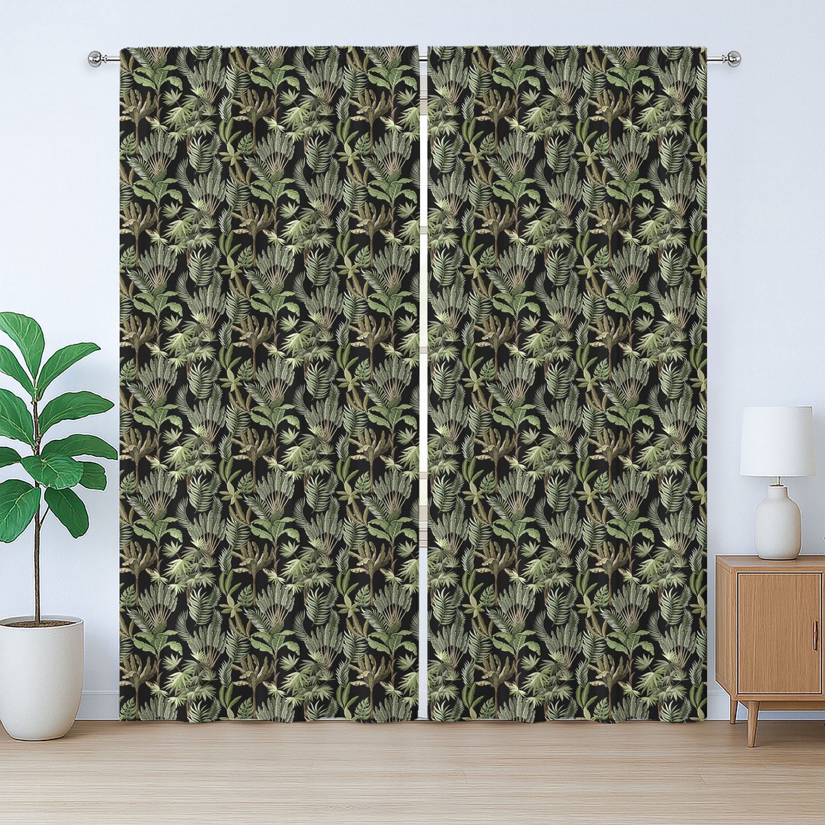 ABAKUHAUS Rustiek gordijn met jungle- en bananenbladeren, palm- en bananenplanten, met lussen en haken , 280 x 260 cm, Coca-Cola grijs meerkleurig
