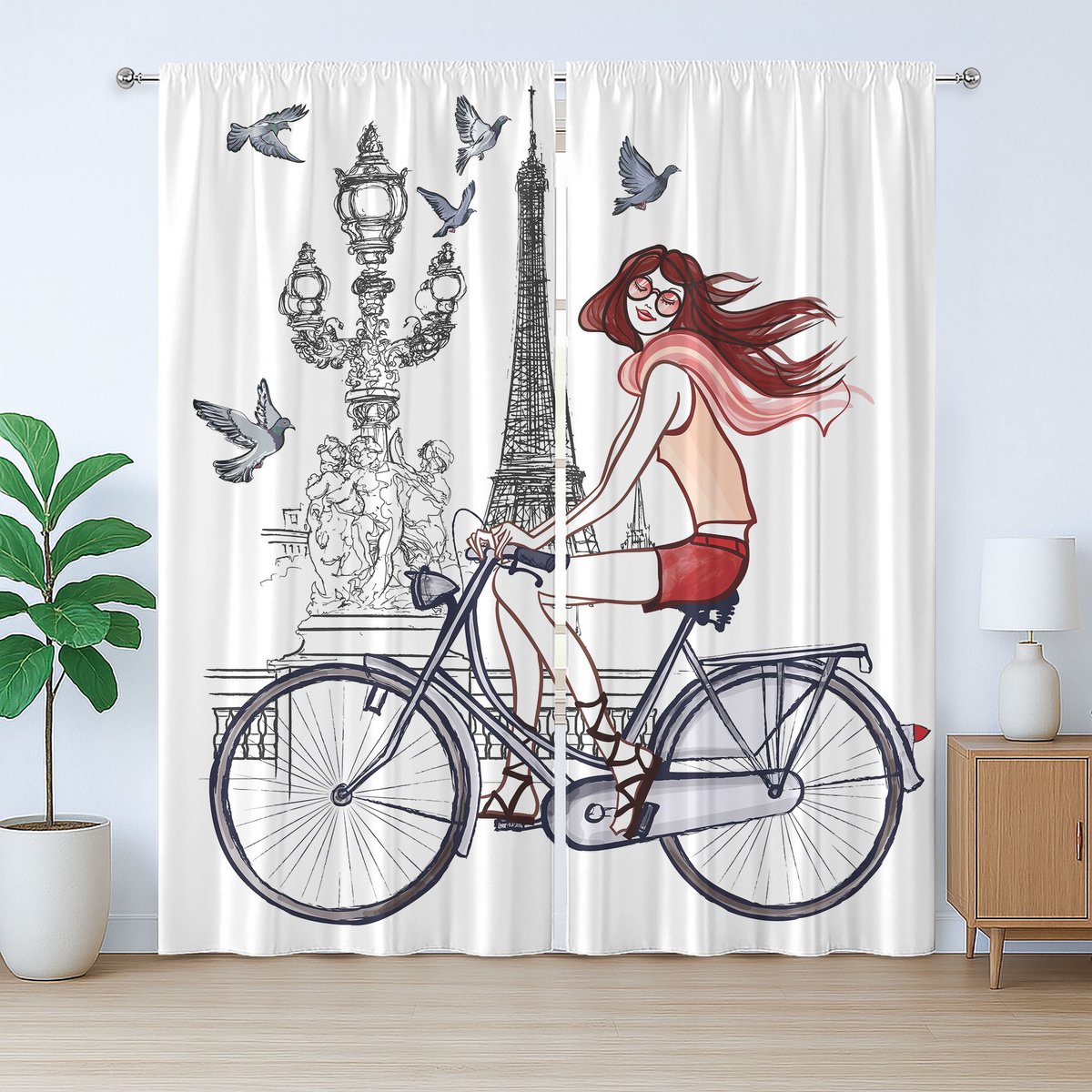 ABAKUHAUS Parijs rustiek gordijn, vrouw op fiets Eiffeltoren, slaapkamergordijn met plooien, lussen en haken, 280 x 175 cm, perzikgrijs rood