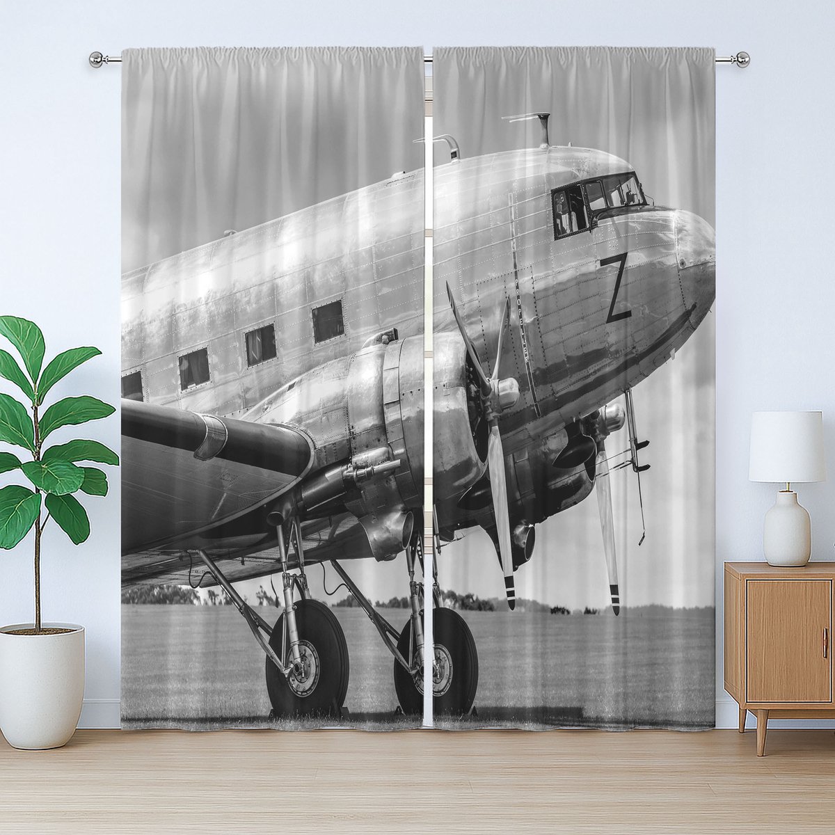 ABAKUHAUS Rustiek vliegtuiggordijn, oud passagiersvliegtuig, met lussen en haken voor de woonkamer, 280 x 175 cm, grijszwart