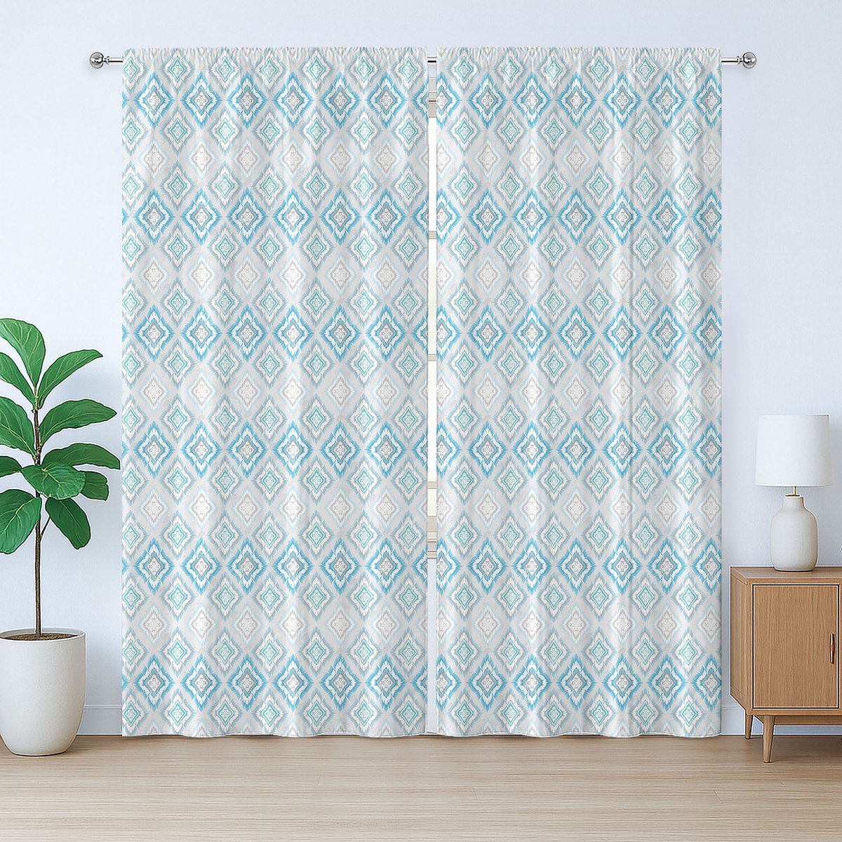 ABAKUHAUS Ikat rustiek gordijn, Azteekse culturele motieven, slaapkamergordijn met lussen en haken, 280 x 225 cm, blauw, lichtgrijs, wit