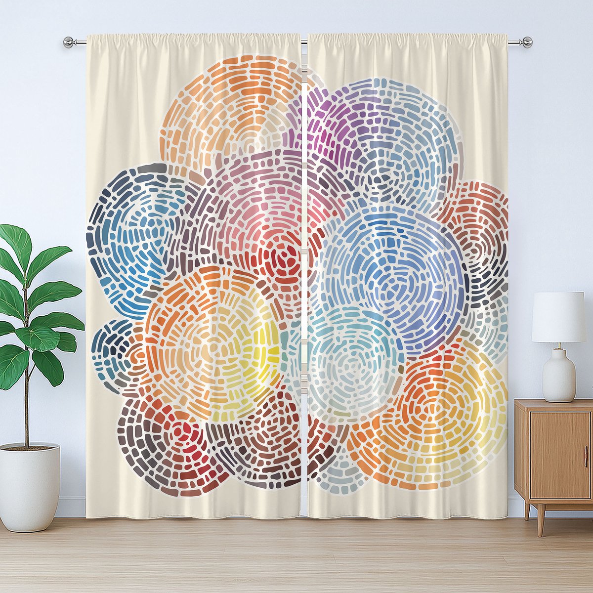 ABAKUHAUS Kleurrijk rustiek gordijn, abstracte mozaïekstippen, slaapkamergordijn met plooien, lussen en haken, 280 x 245 cm, geel, blauw, rood