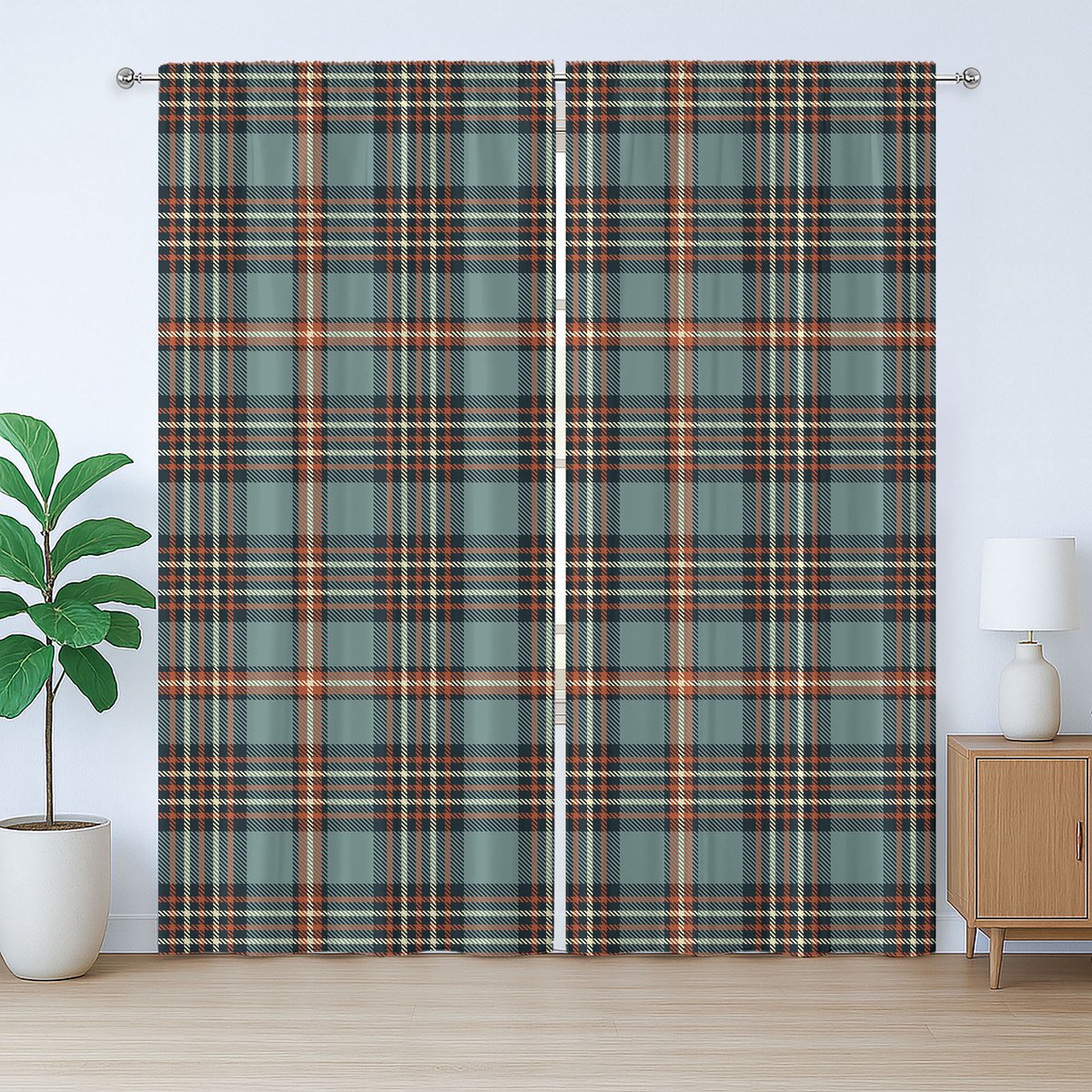 ABAKUHAUS Rustiek tartan gordijn, traditioneel Schots ruitpatroon, met lussen en haken voor de woonkamer, 280 x 225 cm, Redwood Cadet Blue