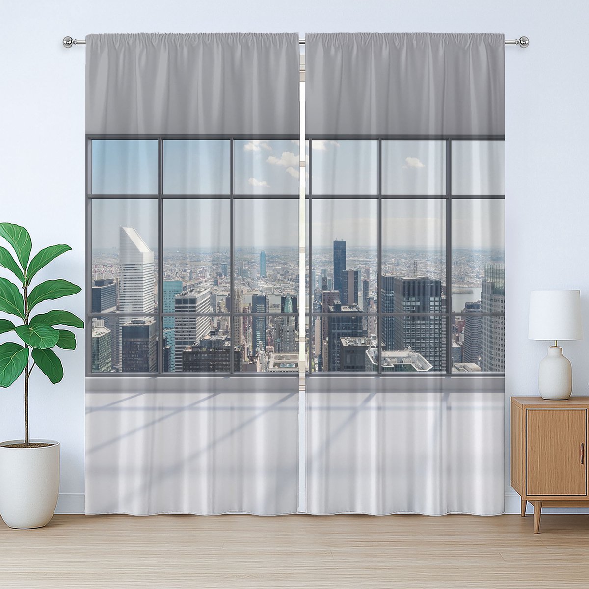 ABAKUHAUS Stadsgordijn, rustiek, groot raam, stadsdisplay, met lussen en haken voor de woonkamer, 280 x 175 cm, grijs wit