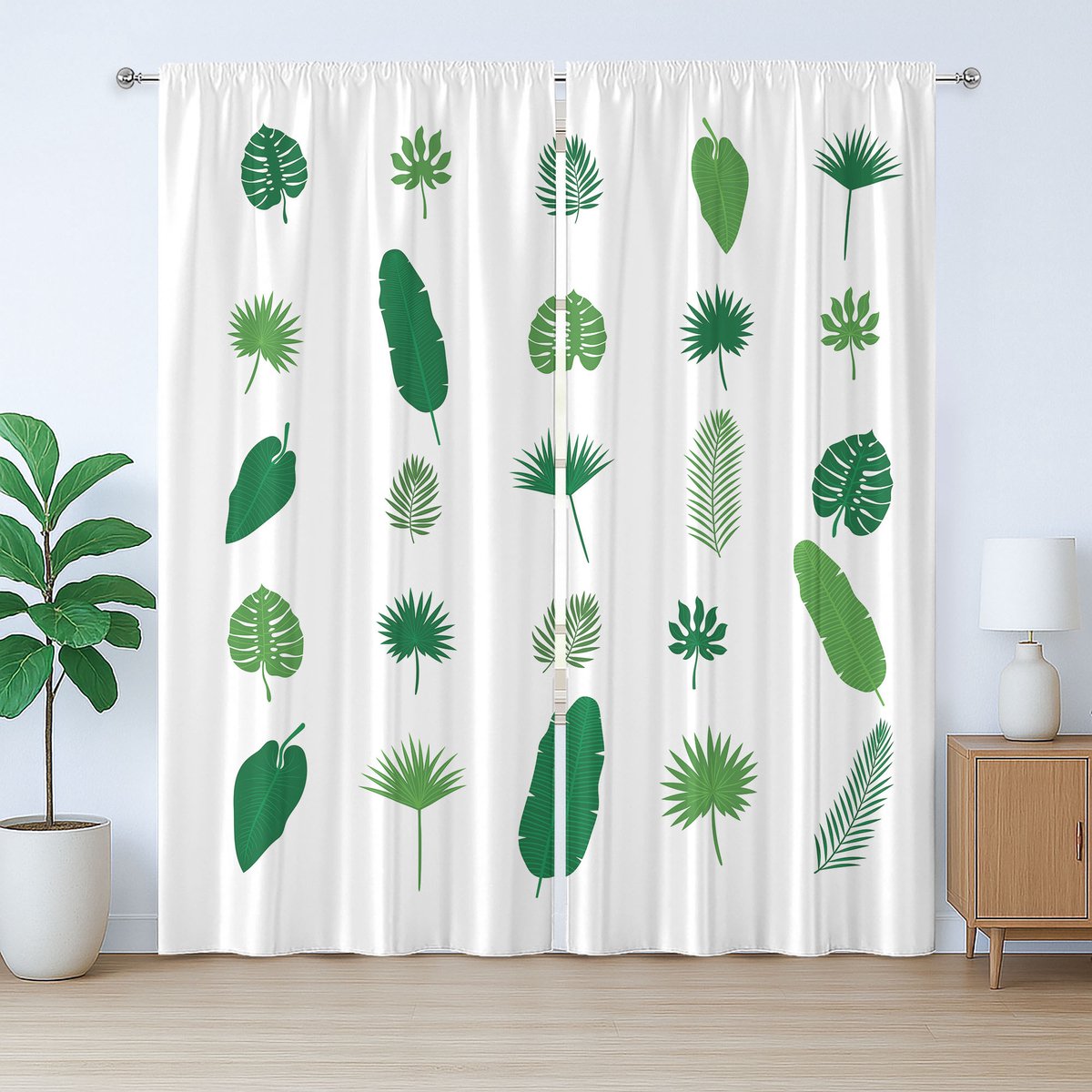 ABAKUHAUS Tropisch rustiek gordijn, natuurlijk boompatroon, slaapkamergordijn met plooiband, lussen en haken, 280 x 260 cm, limoengroen wit