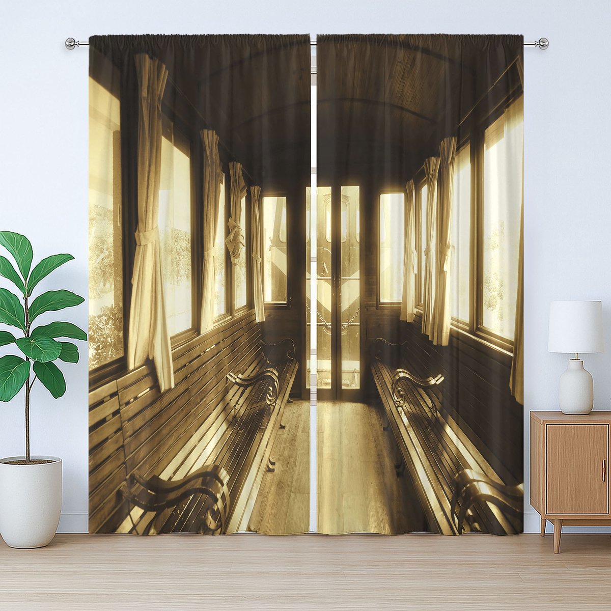 ABAKUHAUS Bruin rustiek gordijn, oude vintage treinsalon, slaapkamergordijn met plooien en haken, 280 x 225 cm, sepia