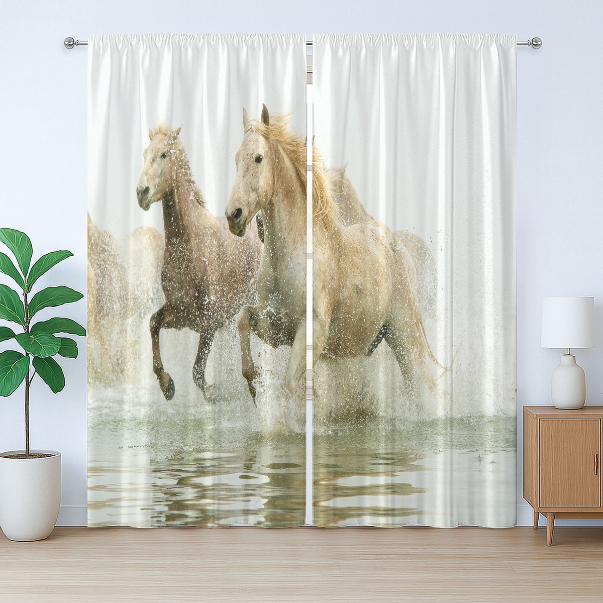 ABAKUHAUS Witte rustieke gordijnen, Camargue-paarden in het water, universele gordijnen met lussen en haken voor de woonkamer, 280 x 225 cm, beige wit