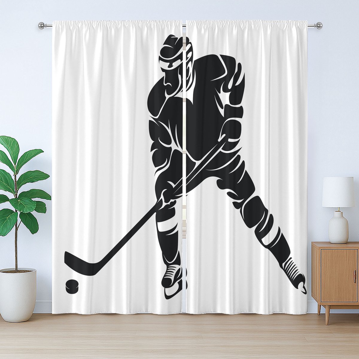 ABAKUHAUS Rustiek ijshockeygordijn, zwart silhouet, met lussen en haken voor de woonkamer, 280 x 225 cm, wit zwart