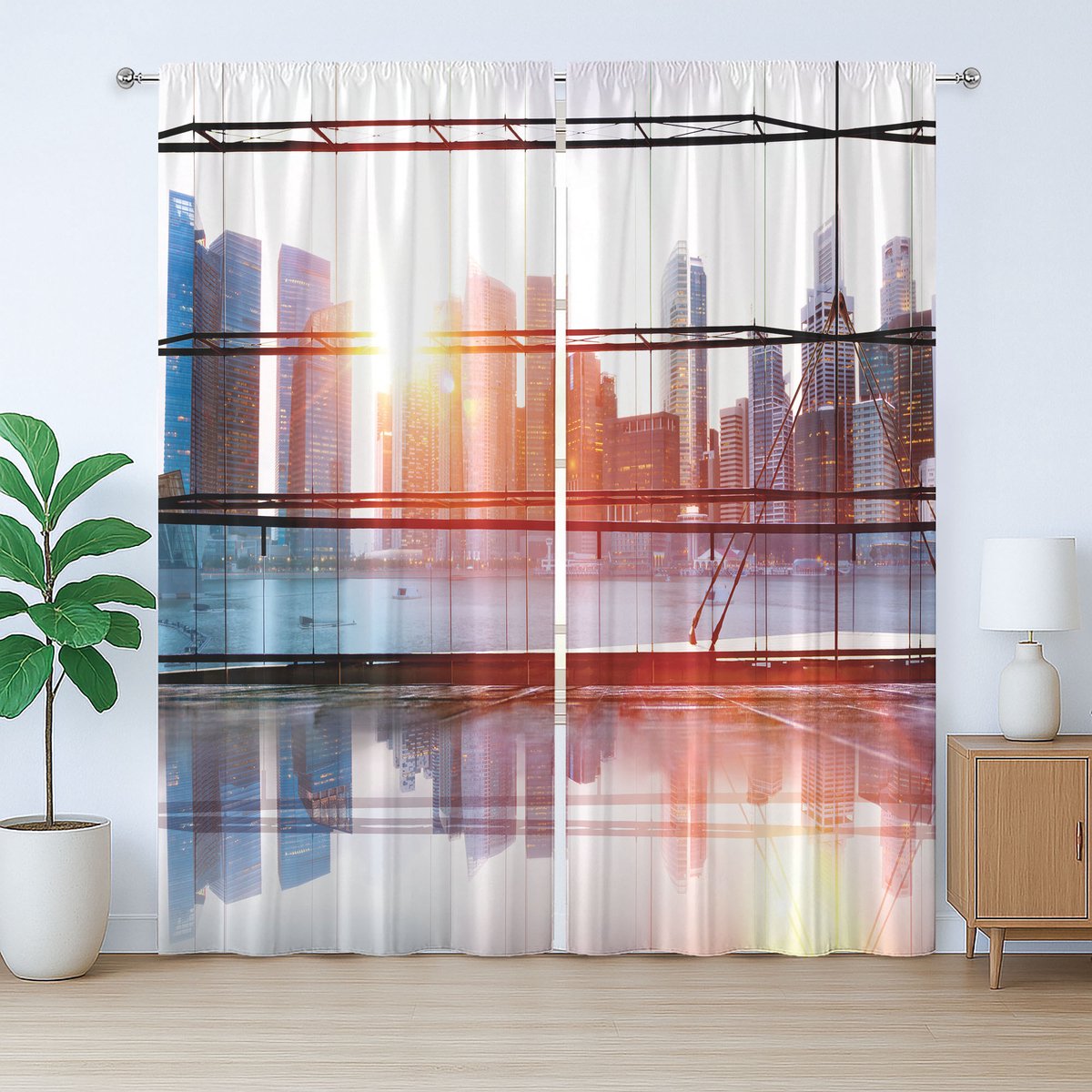 ABAKUHAUS Urban Rustic Gordijn, Luchthaven/Kantoorlandschap, Slaapkamergordijn met plooien en haken, 280 x 245 cm, Zwart, Wit en Oranje