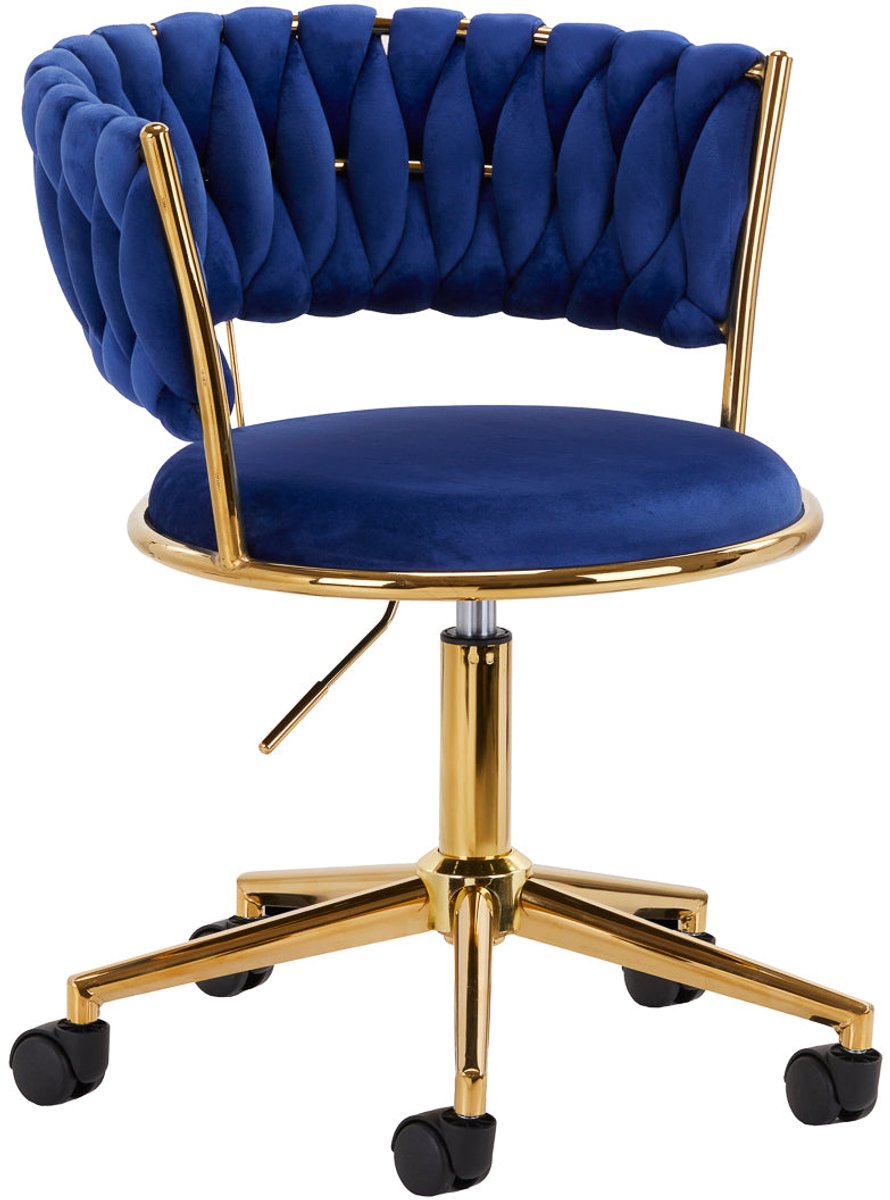 4Rico QS-GW01G Salonstoel & Bureaustoel Marineblauw Fluweel – In Hoogte Verstelbaar – Met Wielen – Goudkleurig Onderstel