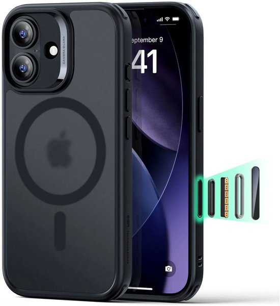 Zwarte, matte ESR iPhone-hoes met MagSafe-ring en een Apple-logo op de achterkant. Gedeeltelijk zichtbaar scherm.