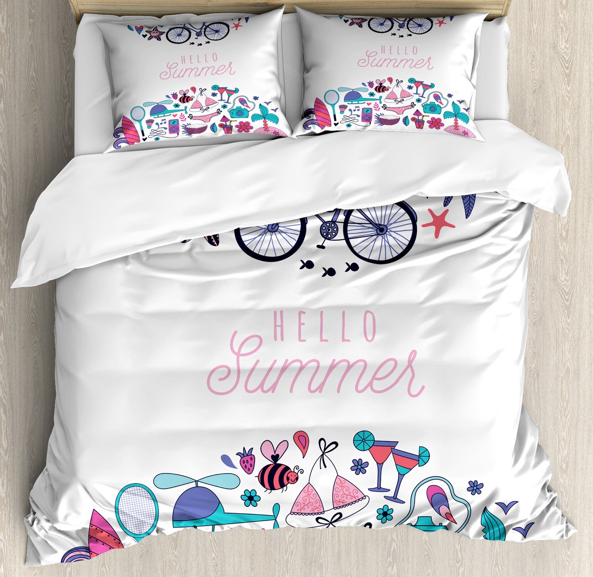 ABAKUHAUS Hello Summer Dekbedovertrekset voor Tweepersoonsbedden, Strandthema, inclusief kussenslopen, 200 x 200 cm