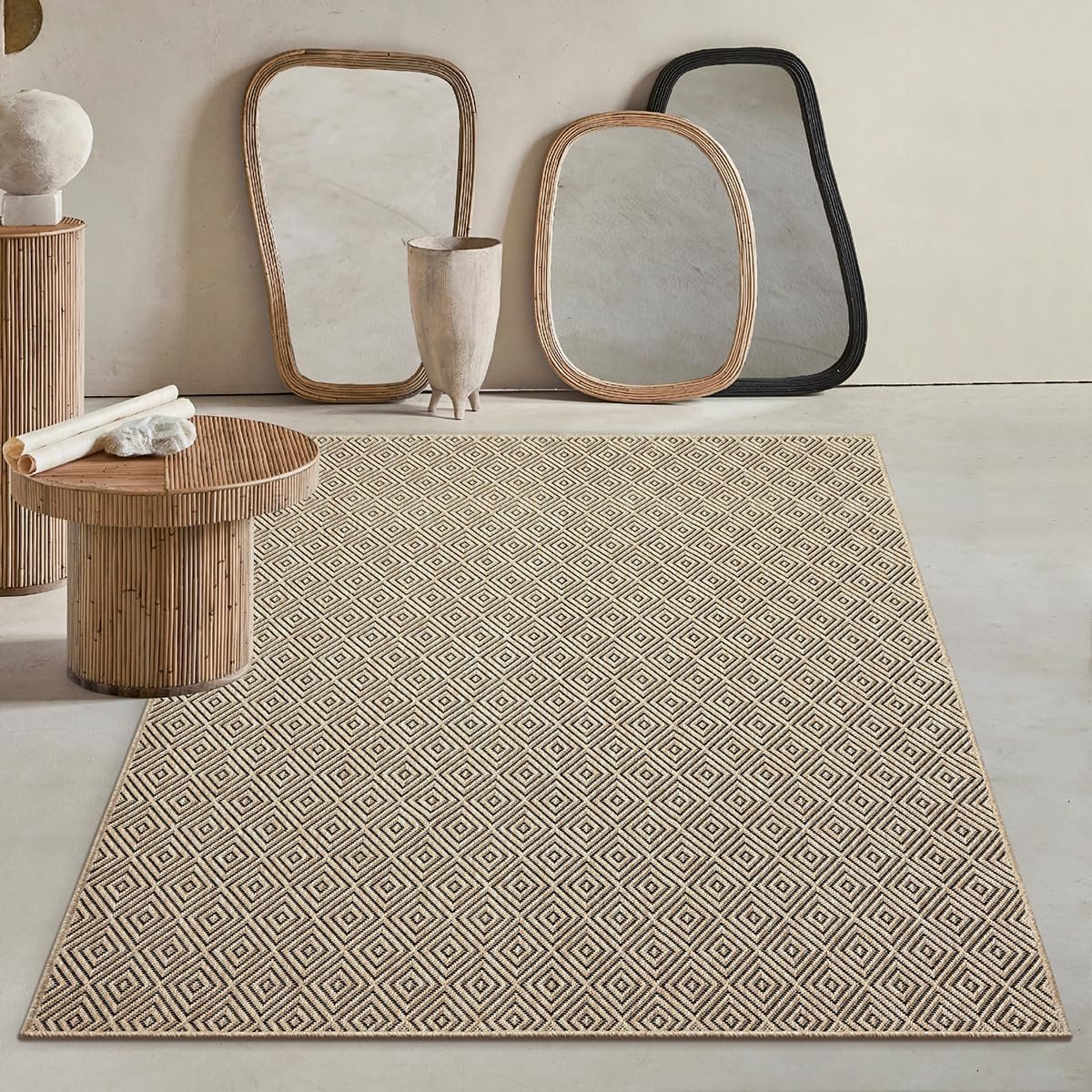 Weerbestendig Binnen- en Buitentapijt met Jute-look Ruiten - Geschikt voor Terras en Tuin