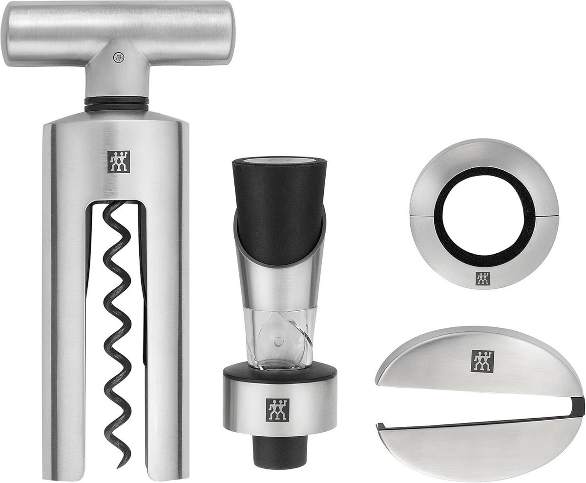 Luxe wijnaccessoires set met kurkentrekker, karaf, druppelvanger en foliesnijder