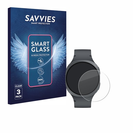 Savvies Smart Glass verpakking met '3 PACK' en een smartwatch met een screenprotector erop.