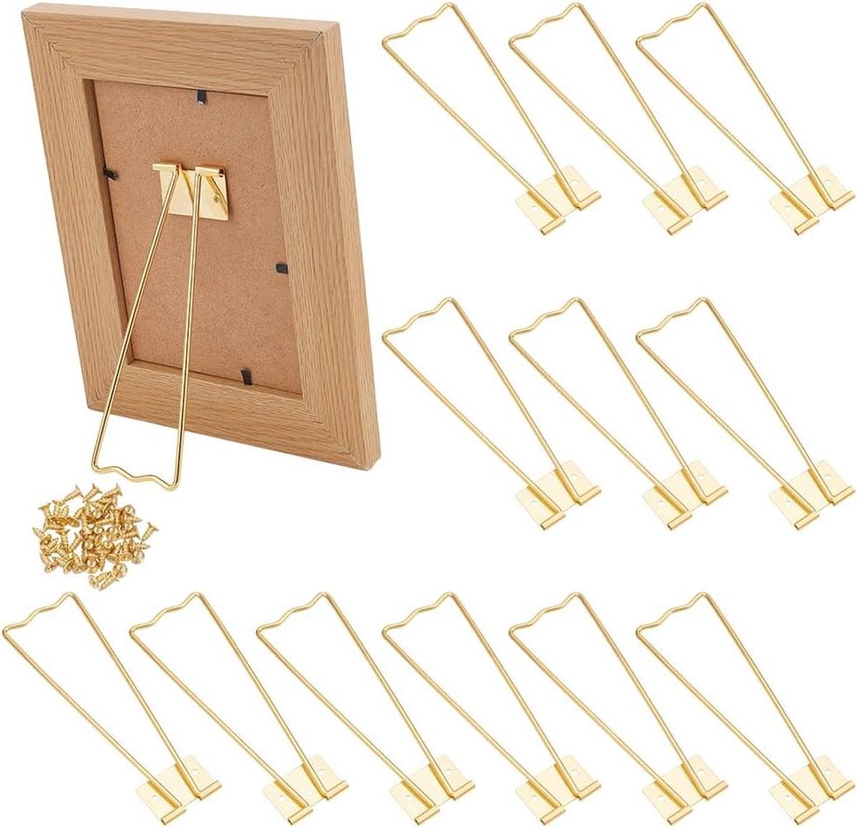 Allecto- Fotolijst Ezel - Metalen Fotolijst - Gouden Kleur - 12 Stuks - Achterstandaard - 150 x 37 mm - Trapeziumvormig - IJzeren Fotolijst Ondersteunt - 24 Stuks Schroeven - Perfect voor Tafelblad - Fotolijsten