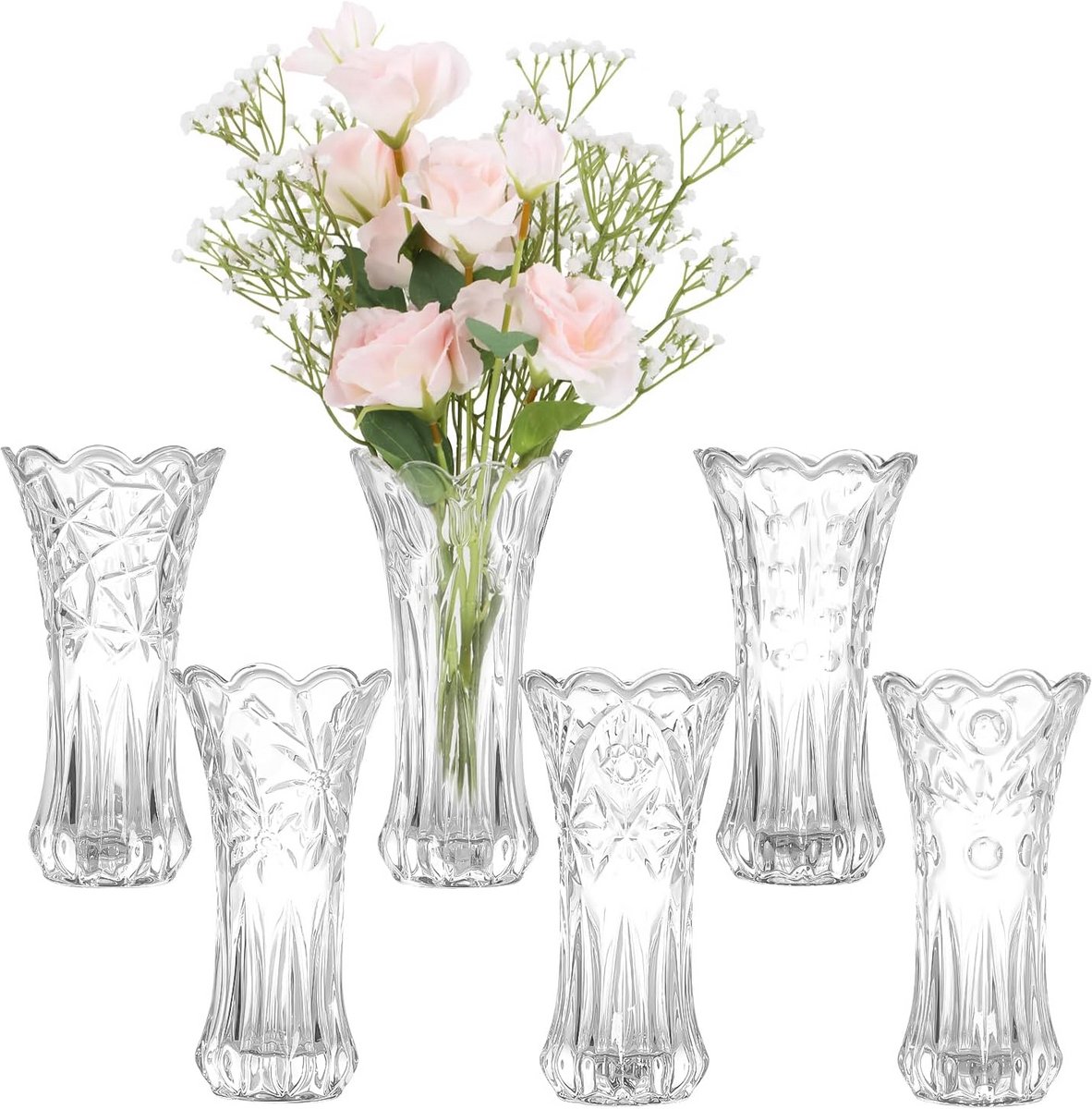 Set van 6 transparante glazen vazen voor tafeldecoratie, bloemstukken en home styling