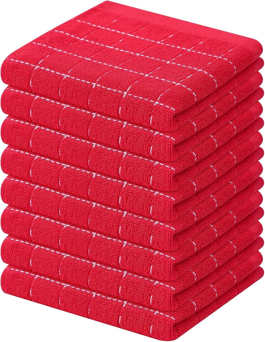 Set van 8 Katoenen Keukendoeken - Zacht & Absorbent - Geruit - Rood - 30x30 cm