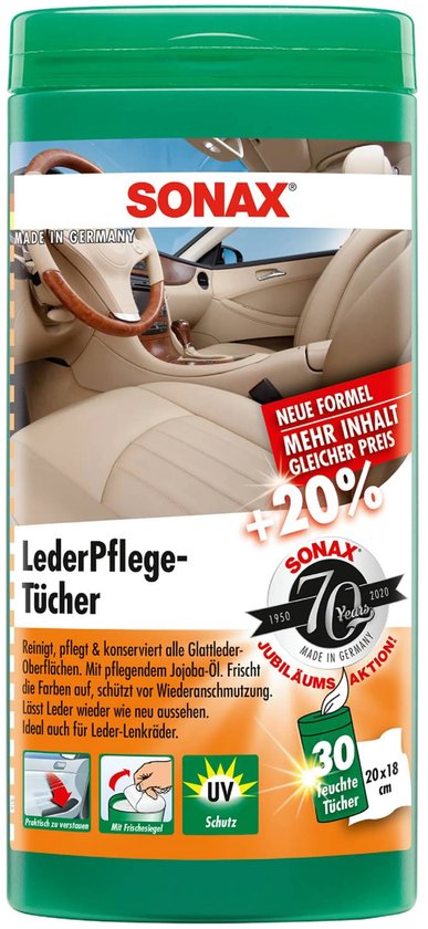 Lingettes d'entretien cuir SONAX avec 20+ offerts. Nettoie, nourrit et protège le cuir. 30 lingettes humides.
