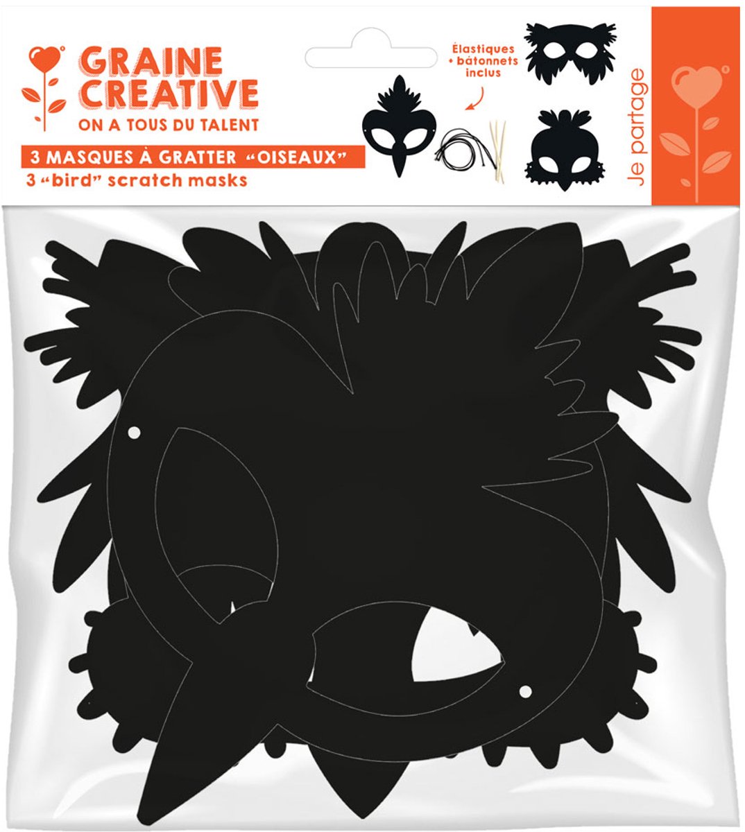 GRAINES CREATIVES - 3 platte krasmaskers van karton met vogels en elastieken