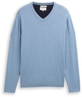 Tom Tailor - Gebreide trui met V-hals van katoen - Maat L - mountain spring blue melange