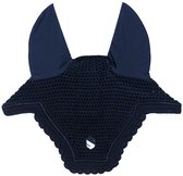 Donkerblauw oornetje met geborduurde rand en logo, met lange oren.