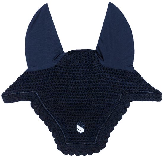Donkerblauw oornetje met geborduurde rand en logo, met lange oren.
