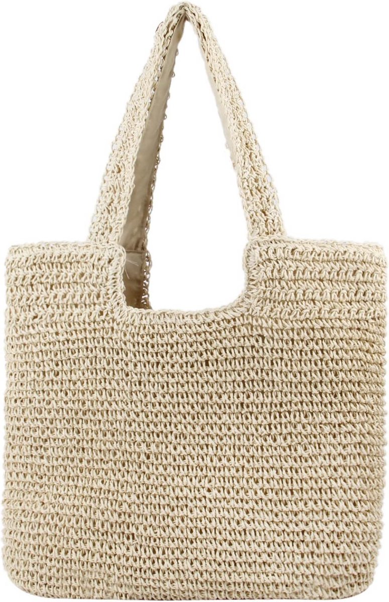 Grote Geweven Stro Schoudertas Dames - Zomer Strandtas met Ritssluiting