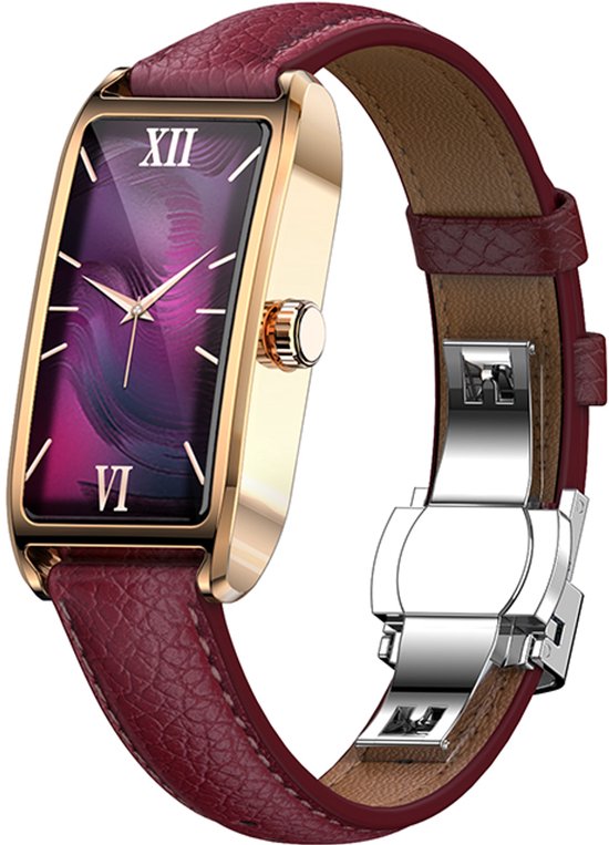 Gouden smartwatch met paarse, golvende wijzerplaat en een bordeauxrode lederen band, gesloten met metalen sluiting.