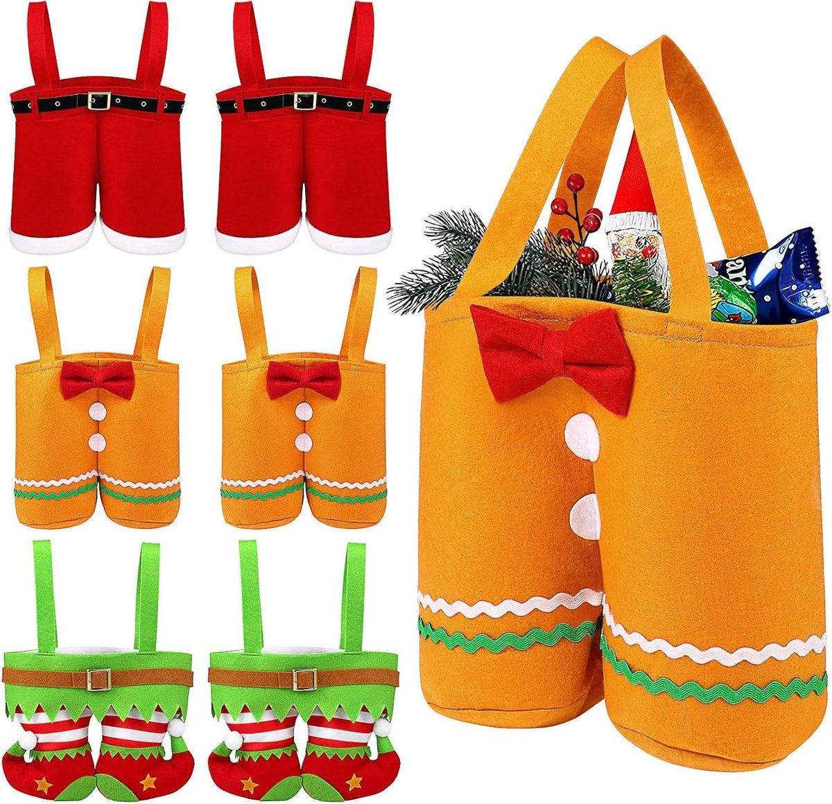 Kerstfeest Tasje met Kerstmanbroek en Snoepzakken - Leuke Cadeauhandtassen voor Jongens en Meisjes - Elfenvoet Design voor Lekkernijen