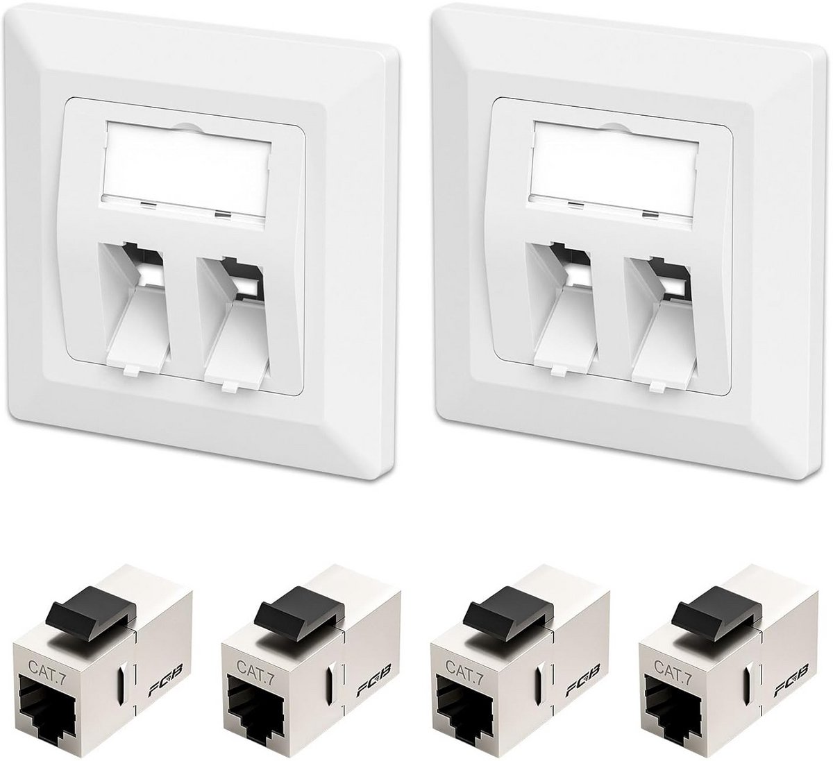 2-voudige Keystone Netwerk Aansluitdoos Opbouw/Inbouw met 4x CAT7 Koppelingen - 10 Gbit/s STP Ethernet Kabelverbinders