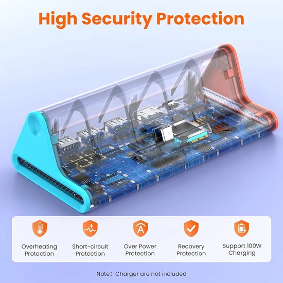 Transparante behuizing toont de printplaat van de zwarte docking station met oranje en blauwe uiteinden. Beveiliging: oververhitting, kortsluiting, overspanning, herstel, 100W laden.