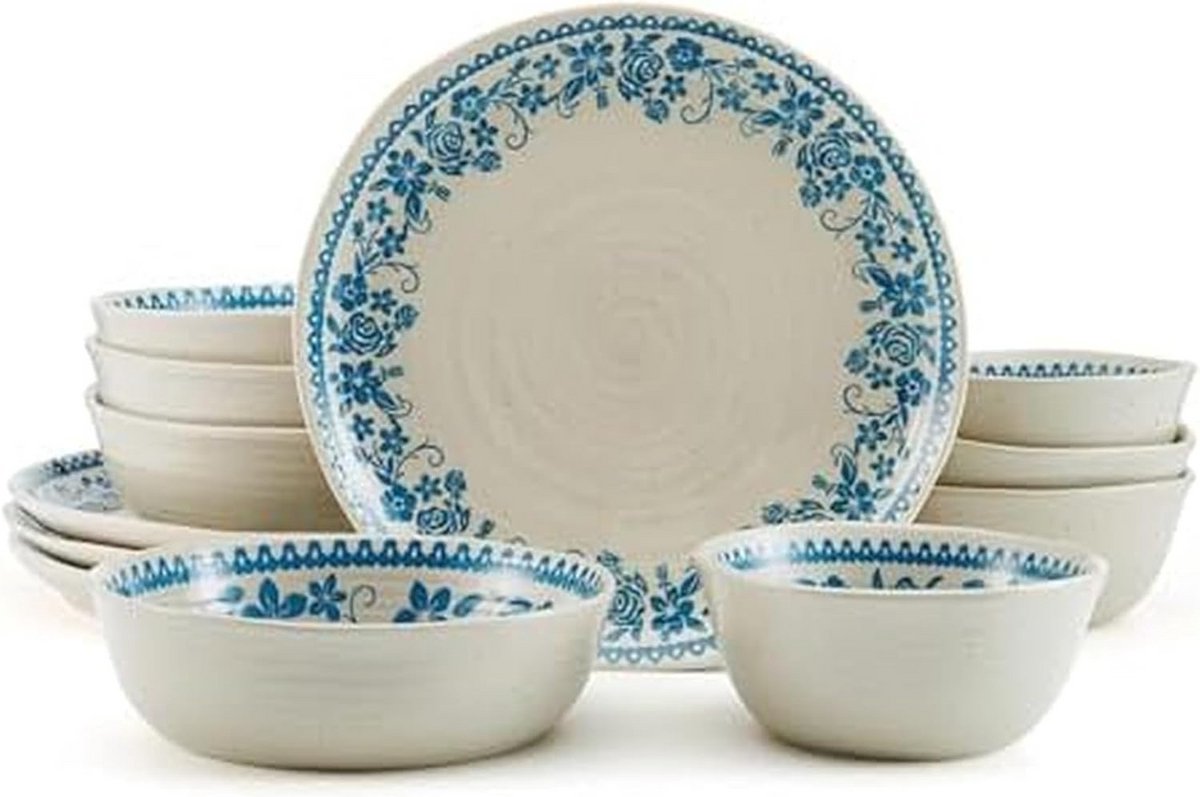 Blauw 12-delig Servies Set voor 4 Personen - Steengoed Dinerbord & Kommen