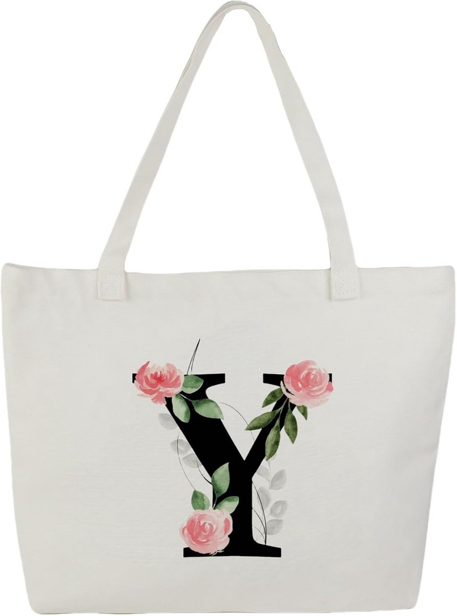 Gepersonaliseerde Canvas Tas met Letter, 100% Katoen, Robuust en Gevoerd