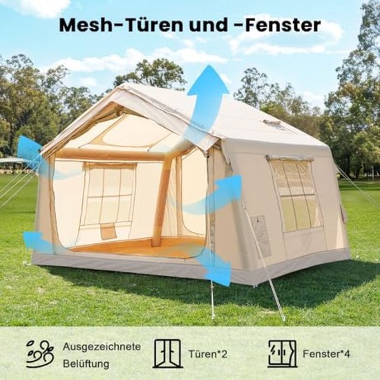 Opblaasbare Familietent met Luifel en Ovenpijp - Waterdicht en Snel Opgezet - Vakantie - Camping — afbeelding 3