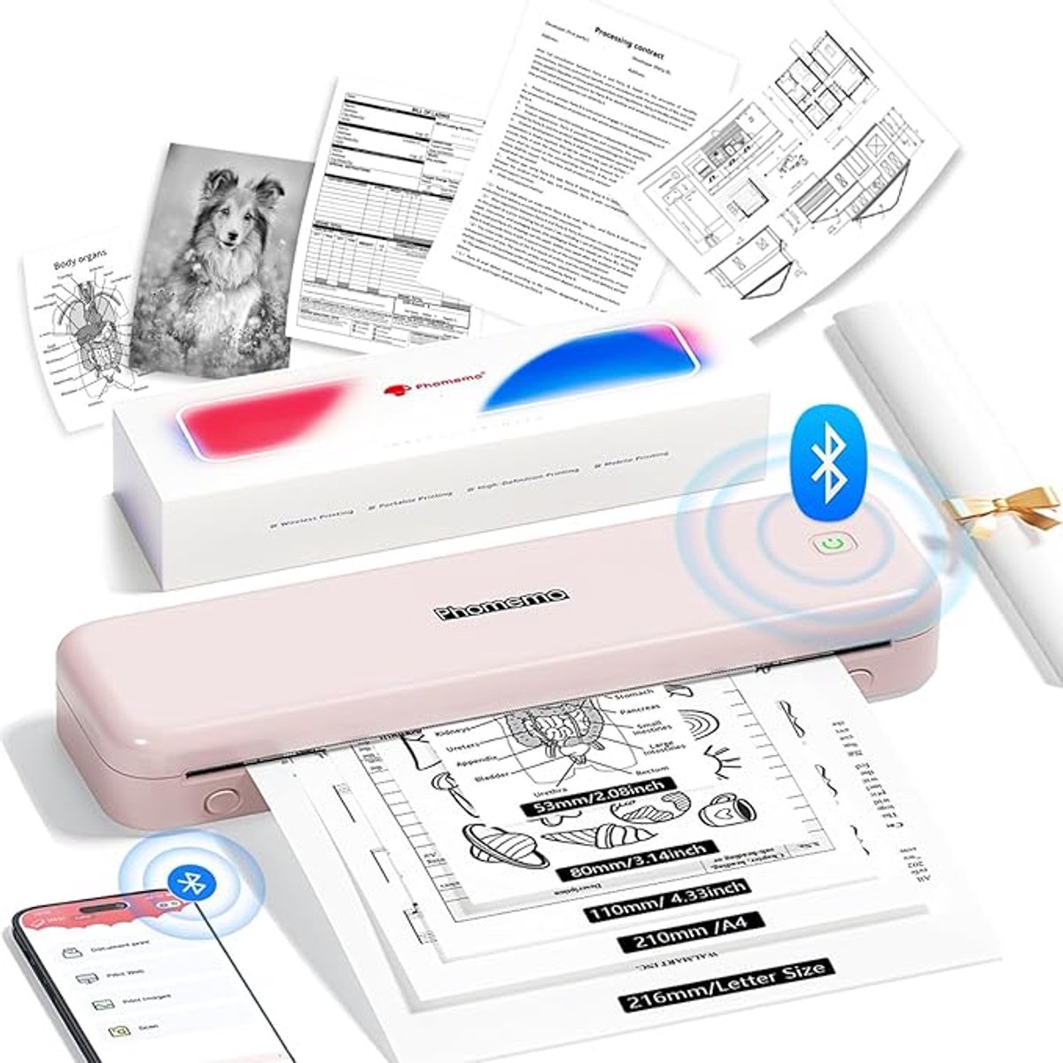 Draagbare Thermische Printer – Mobiele Printer – Compacte Printer – Inktloze Printer – Bluetooth Printer – A4 Formaat – 300 dpi Resolutie – Roze Kleur