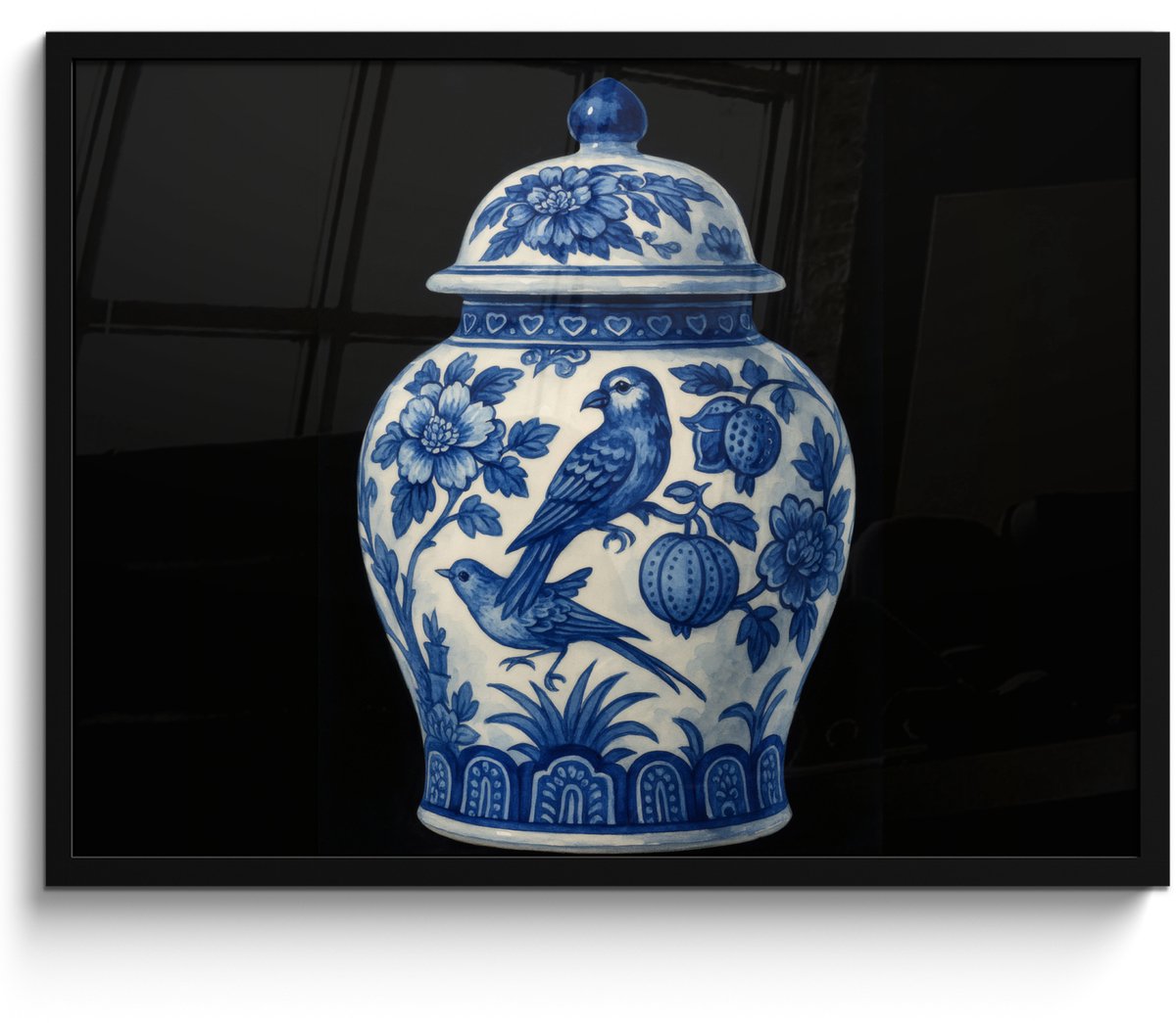 FrameYourWall Poster in lijst - Fotolijst 70x50 cm - Posters - Pot - Delfts Blauw - Bloemen - Posterlijst zwart - Decoratie - Wanddecoratie woonkamer - Muurdecoratie slaapkamer