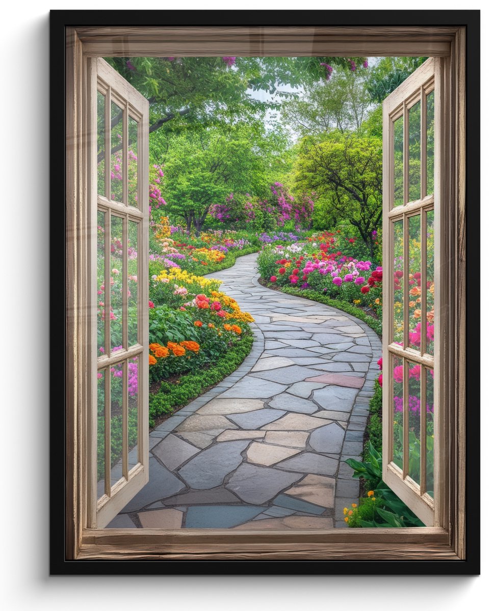 FrameYourWall Poster in lijst - Fotolijst 50x70 cm - Posters - Doorkijk - Bloemen - Tuinpad - Natuur - Raam - Posterlijst zwart - Decoratie - Wanddecoratie woonkamer - Muurdecoratie slaapkamer