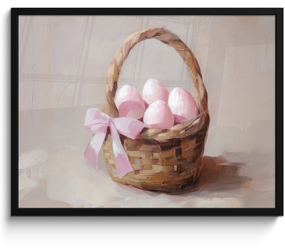 FrameYourWall Poster in lijst - Fotolijst 70x50 cm - Posters - Mand - Eieren - Roze - Posterlijst zwart - Decoratie - Wanddecoratie woonkamer - Muurdecoratie slaapkamer Mandje - Eieren