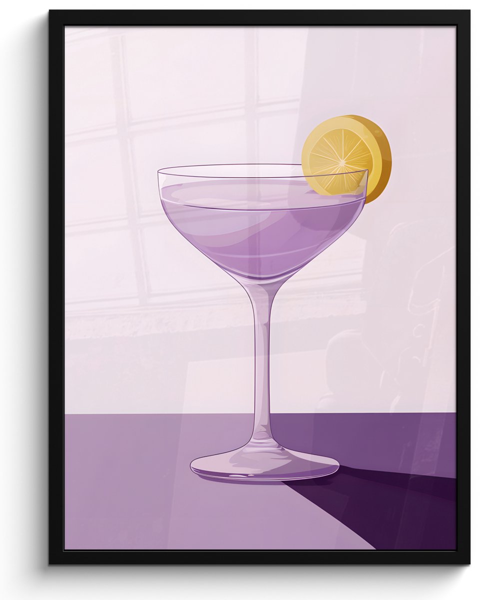 FrameYourWall Poster in lijst - Fotolijst 50x70 cm - Posters - Cocktail - Paars - Minimalistisch - Citroen - Posterlijst zwart - Decoratie - Wanddecoratie woonkamer - Muurdecoratie slaapkamer