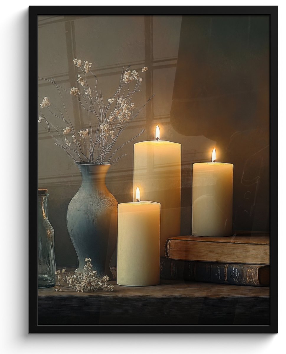 FrameYourWall Poster in lijst - Fotolijst 50x70 cm - Posters - Kaarsen - Stilleven - Rustiek - Boeken - Posterlijst zwart - Decoratie - Wanddecoratie woonkamer - Muurdecoratie slaapkamer