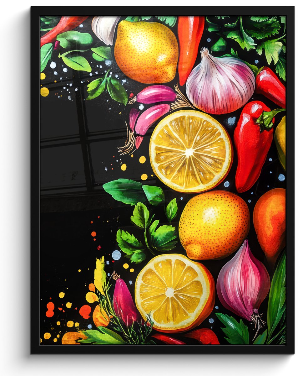 FrameYourWall Poster in lijst - Fotolijst 50x70 cm - Posters - Citroenen - Peper - Kruiden - Graffiti - Verf - Abstract - Posterlijst zwart - Decoratie - Wanddecoratie woonkamer - Muurdecoratie slaapkamer Graffiti - Fruit - Groente