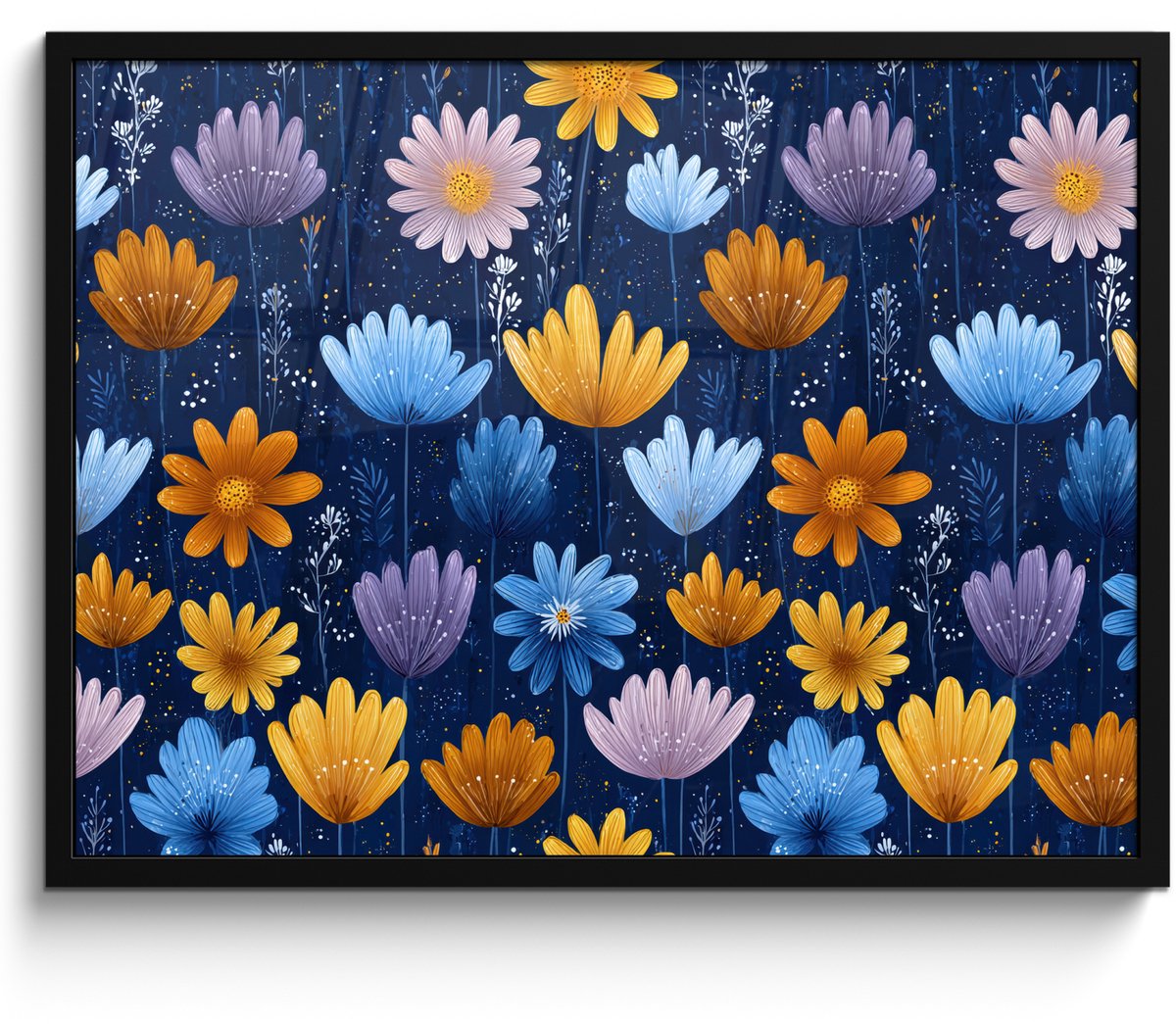FrameYourWall Poster in lijst - Fotolijst 70x50 cm - Posters - Bloemen - Patroon - Blauw - Contrast - Posterlijst zwart - Decoratie - Wanddecoratie woonkamer - Muurdecoratie slaapkamer Bloemen - Patroon - Contrast