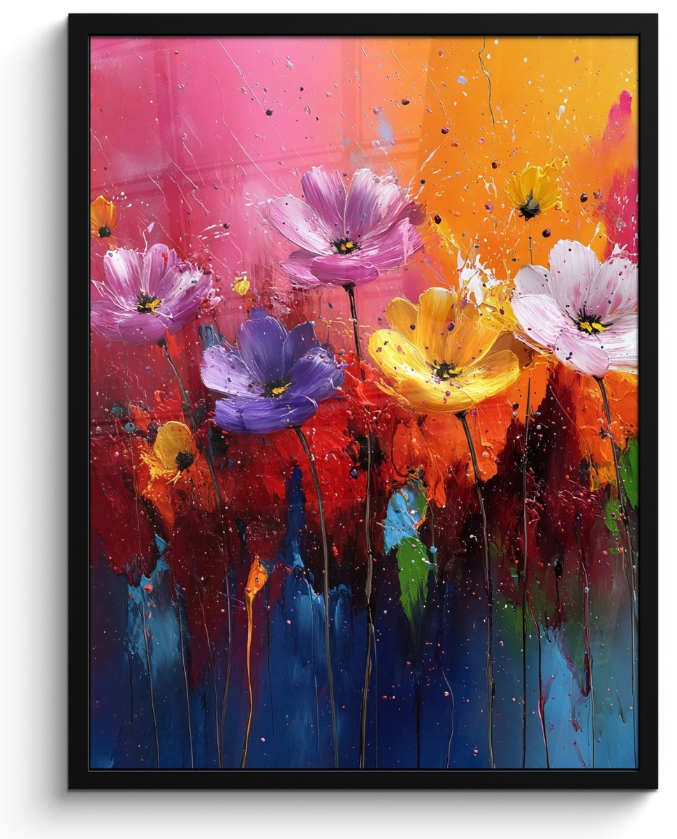 FrameYourWall Poster in lijst - Fotolijst 50x70 cm - Posters - Fantasiebloemen - Verf - Speels - Posterlijst zwart - Decoratie - Wanddecoratie woonkamer - Muurdecoratie slaapkamer Bloemen - Verf - Kleurrijk